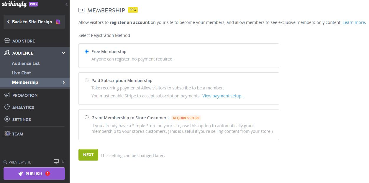 membership in the Strikingly editor membership in the Strikingly editor